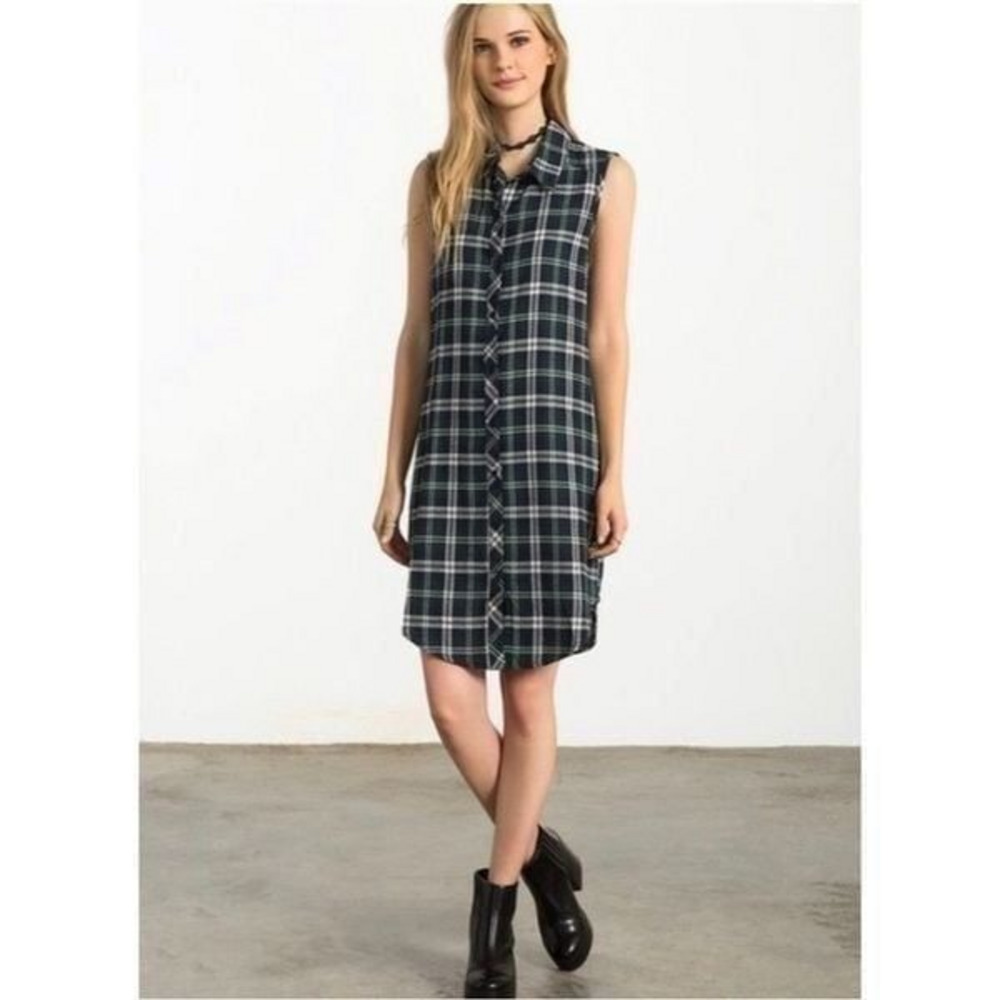 Sans Souchi Button Down Green Plaid Dress Size L‎